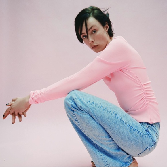 Zara Women’s Pink Stretch Asymmetrical Gathering Long Sleeve Blouse - Picture 2 of 11